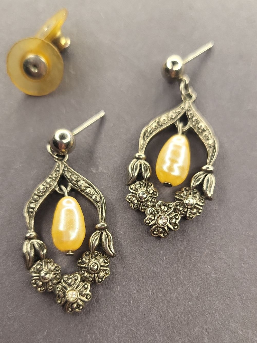 Yellow Pearl Drop Floral Earrings